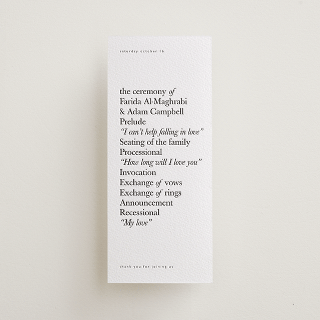 "Westin" - Letterpress Long Programs in Soft Black by Hudson meet Rose - Front