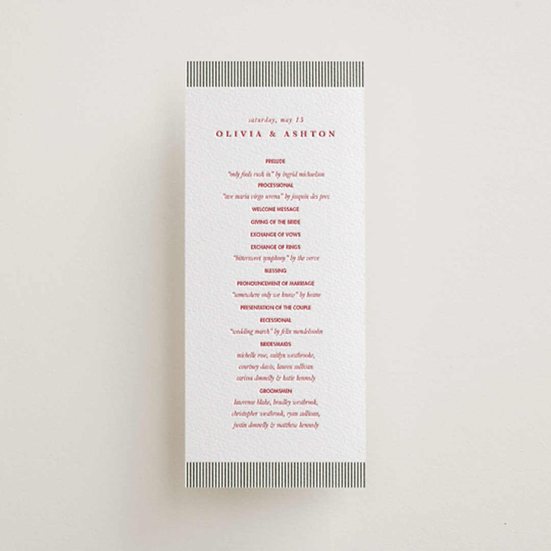 "Classic Cherries" - Letterpress Long Programs in Scarlet by Charter Oaks Creative - Front