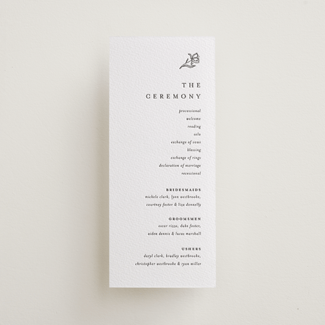 "Floral Cascade" - Letterpress Long Programs in Soft Black by Pixel and Hank - Front