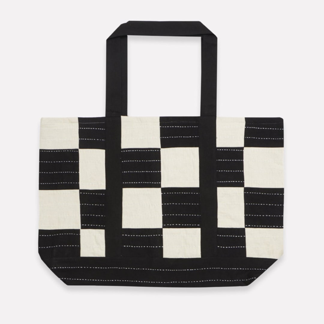 "Checkered Canvas Tote - Charcoal" - Tote Bag in black by Anchal