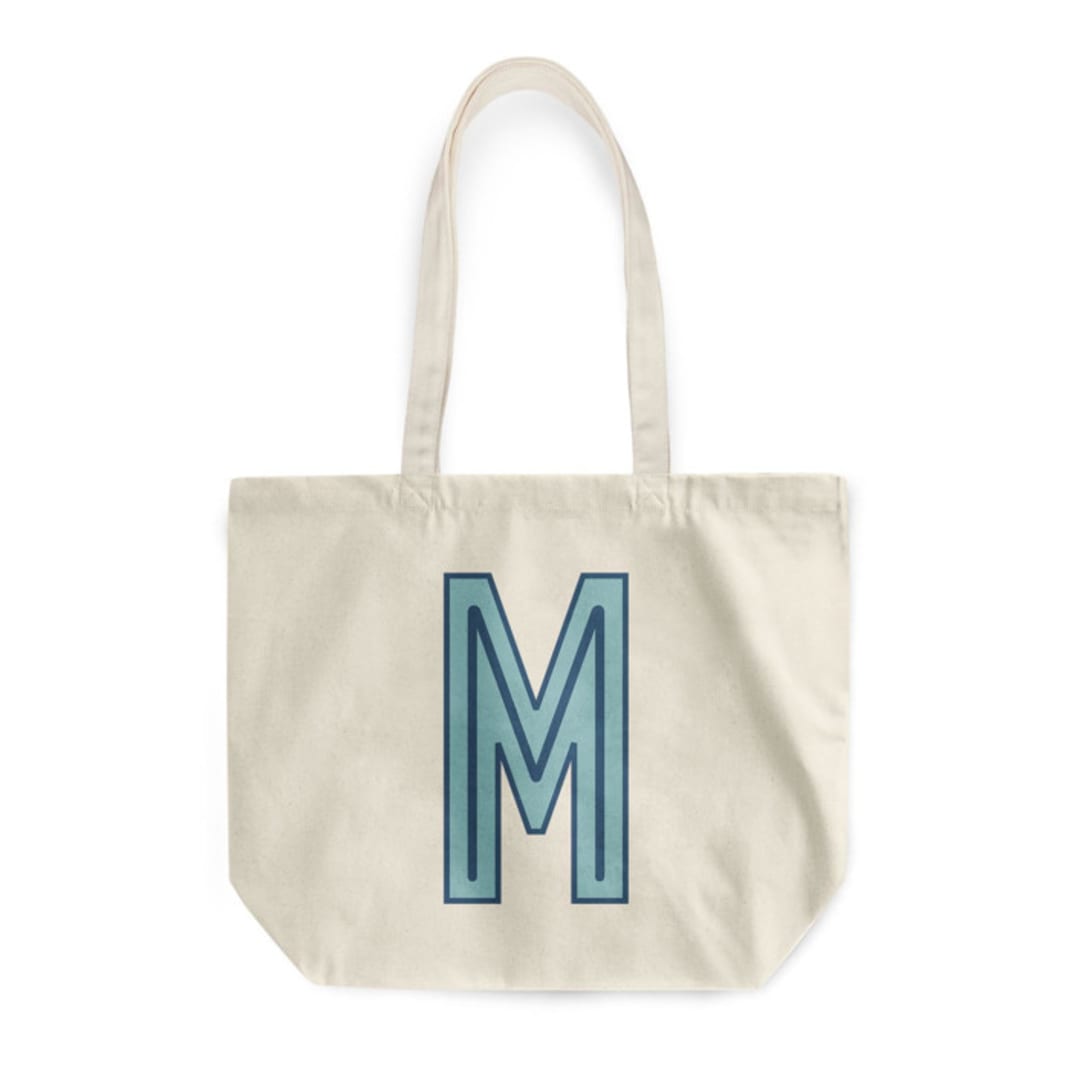 Custom Canvas Tote - Light Blue Navy Single Initial
