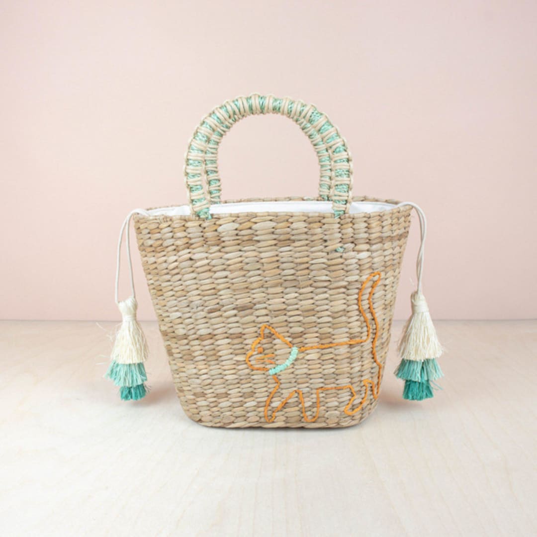 "Mini Tote Bag with Embroidered Cat" - Tote Bag in natural by LIKHA