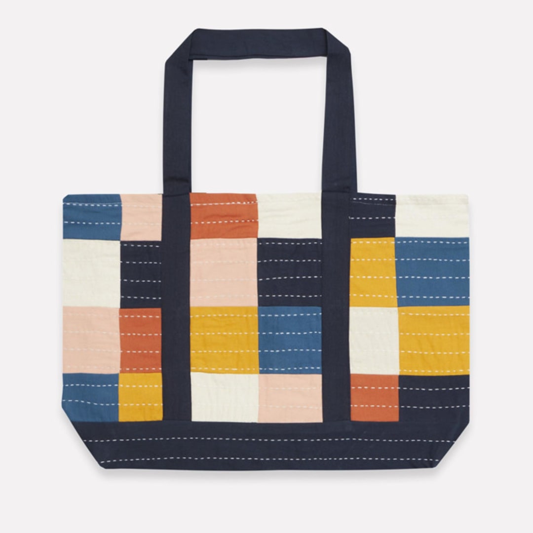 "Checkered Canvas Tote - Cobalt" - Tote Bag in multicolor by Anchal
