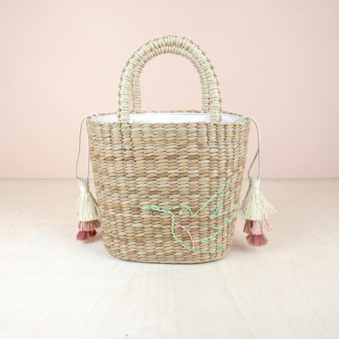 "Mini Tote Bag with Embroidered Hummingbird" - Tote Bag in natural by LIKHA