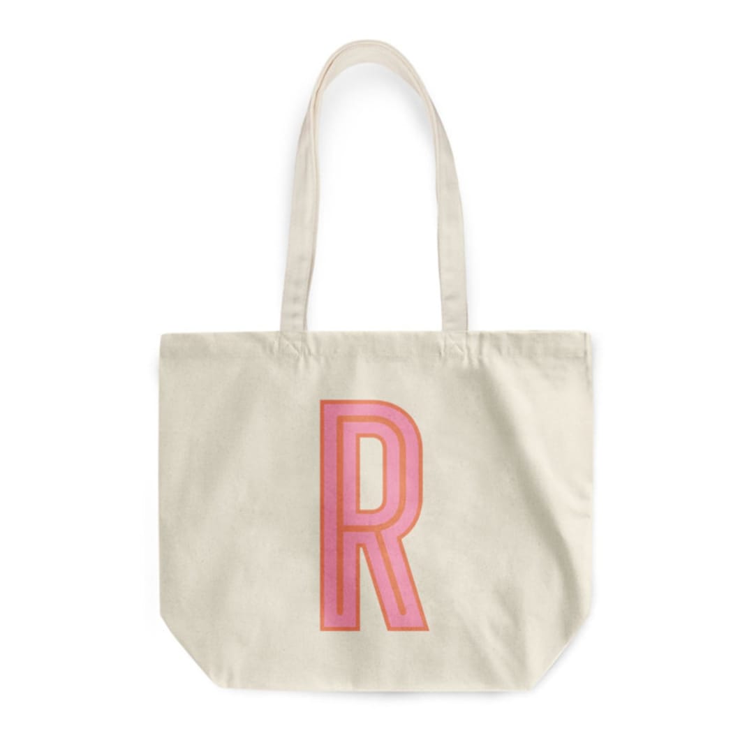 "Custom Canvas Tote - Pink Orange Single Initial" - Tote Bag in pink by Clairebella