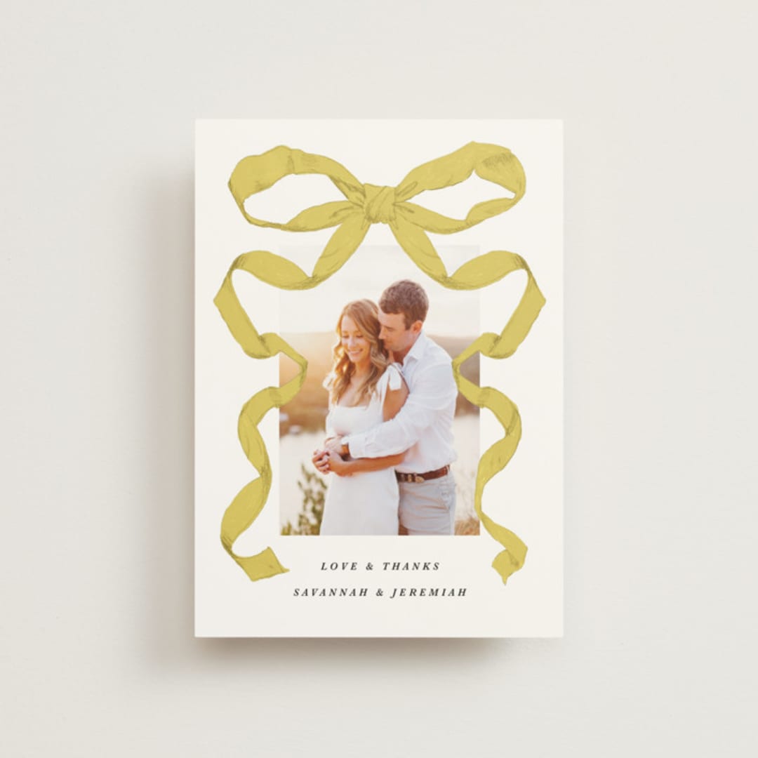 "Antique Ribbon" - Wedding Thank You Postcards in Citrine by Olivia Kanaley Inman - Front