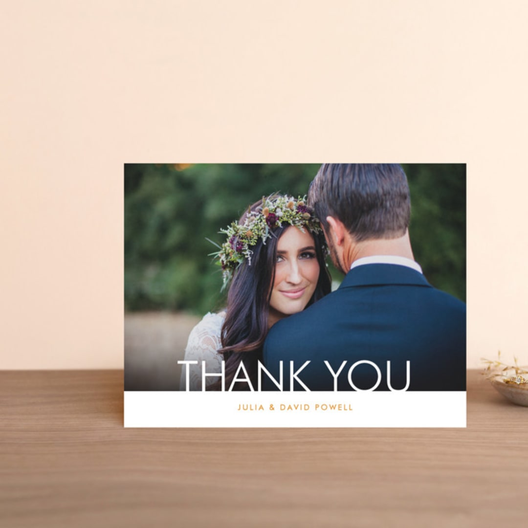 "Minimalist Display" - Wedding Thank You Postcards in Orange by Nam Bourassa - Front