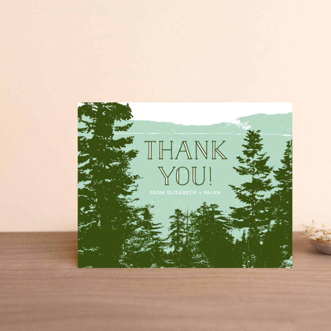 "Mountain View" - Wedding Thank You Postcards in Pine Green by Ariel Rutland - Front