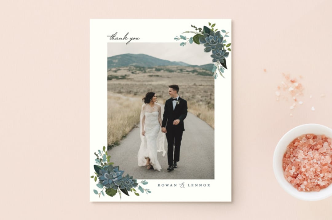 "Echeveria" - Wedding Thank You Postcards in Prussian Blue by Susan Moyal - Front