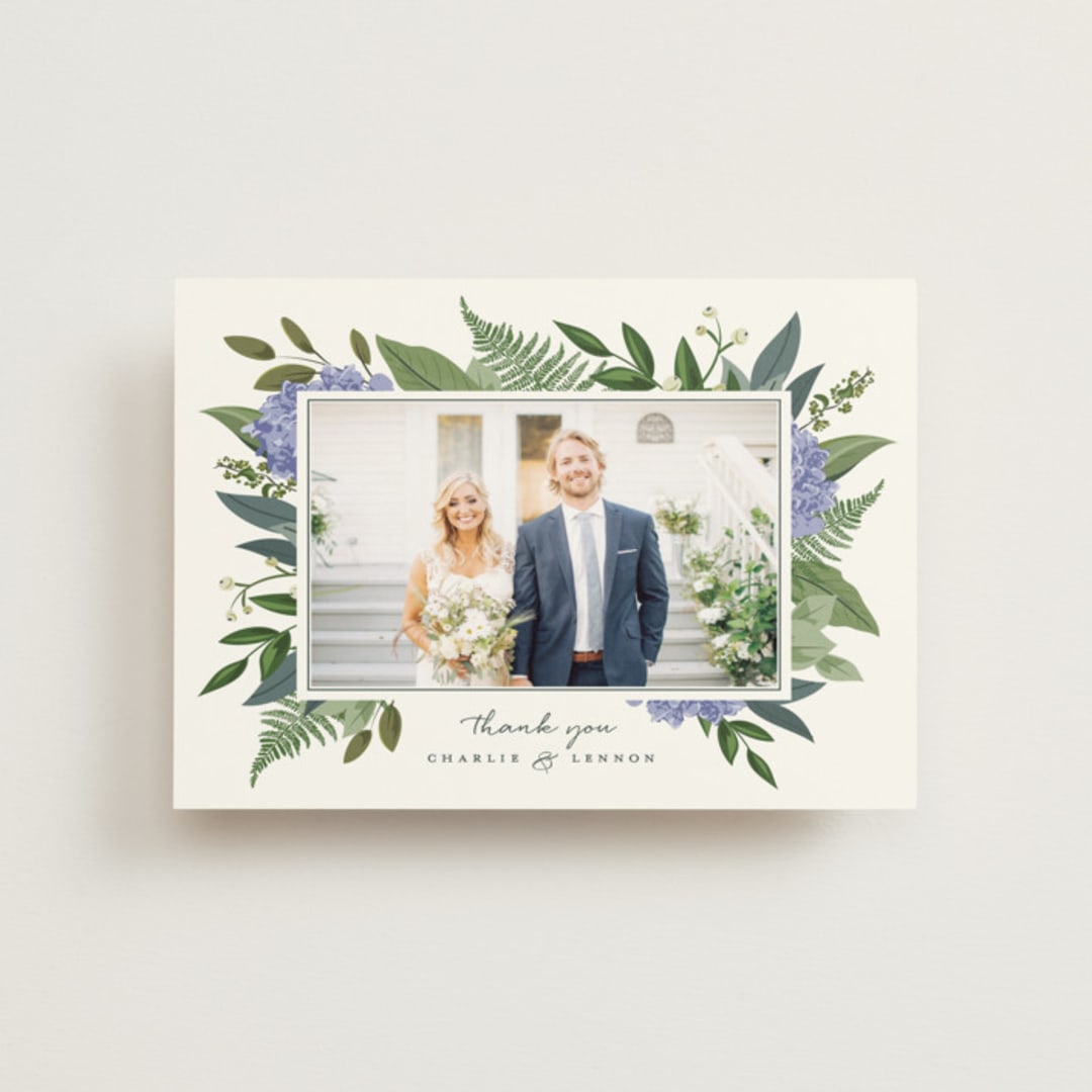 "Hydrangea Frame" - Wedding Thank You Postcards in Periwinkle by Susan Moyal - Front