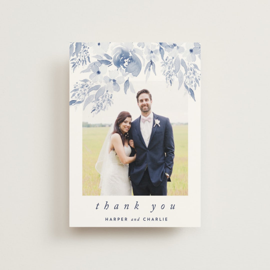 "Poetic Watercolor Flowers" - Wedding Thank You Postcards in Periwinkle by Qing Ji - Front