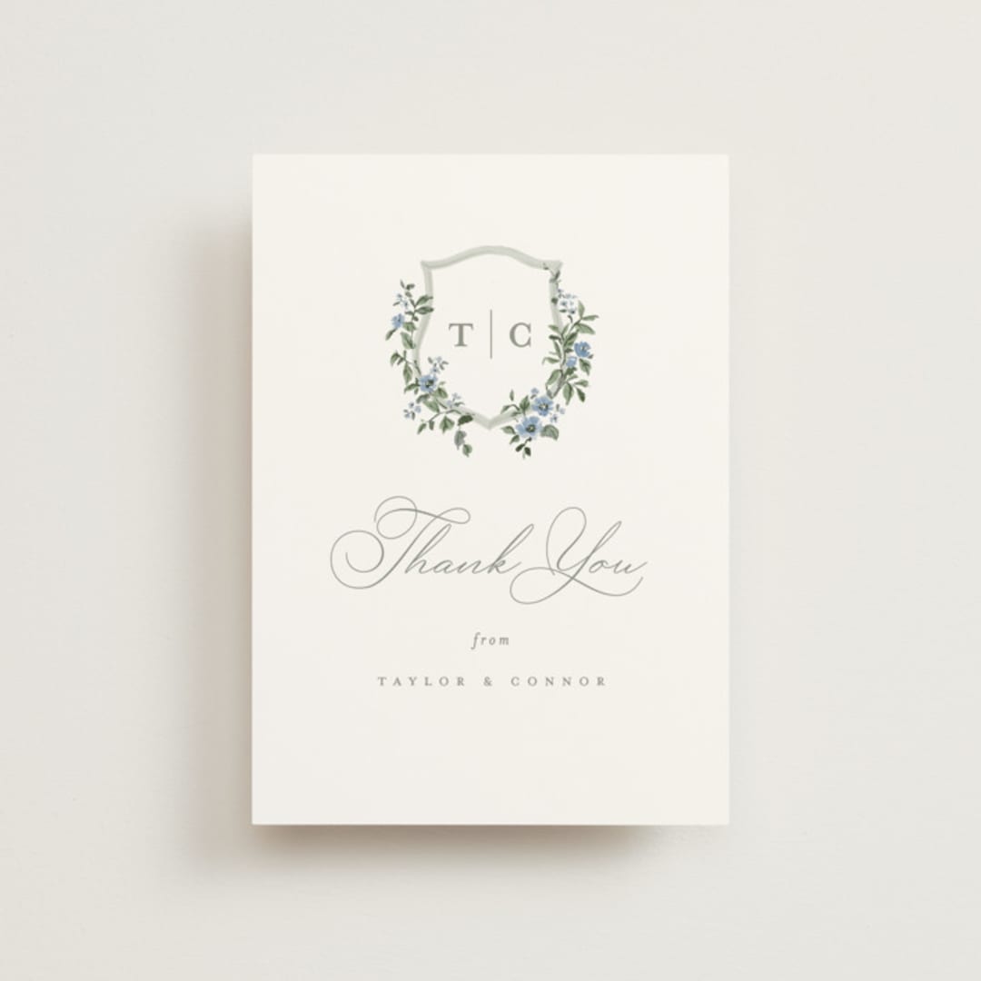 "Foliage Crest" - Wedding Thank You Postcards in Sky by Everett Paper Goods - Front