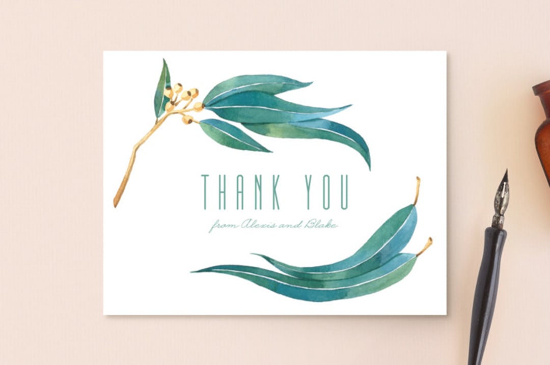 "Eucalyptus Leaves" - Wedding Thank You Postcards in Eucalyptus by Shannon Chen of Four Wet Feet Studio - Front