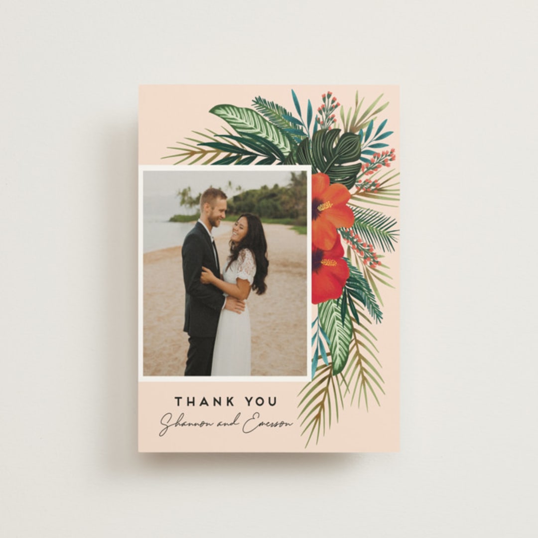 "Tropical Oasis" - Wedding Thank You Postcards in Coral by Joanna Griffin - Front