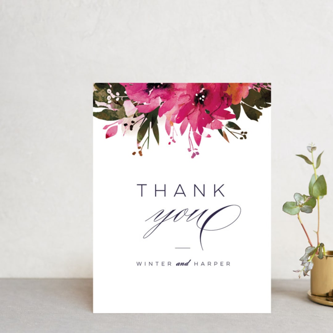 "Peeking Florals" - Wedding Thank You Postcards in Fuchsia by Lori Wemple - Front