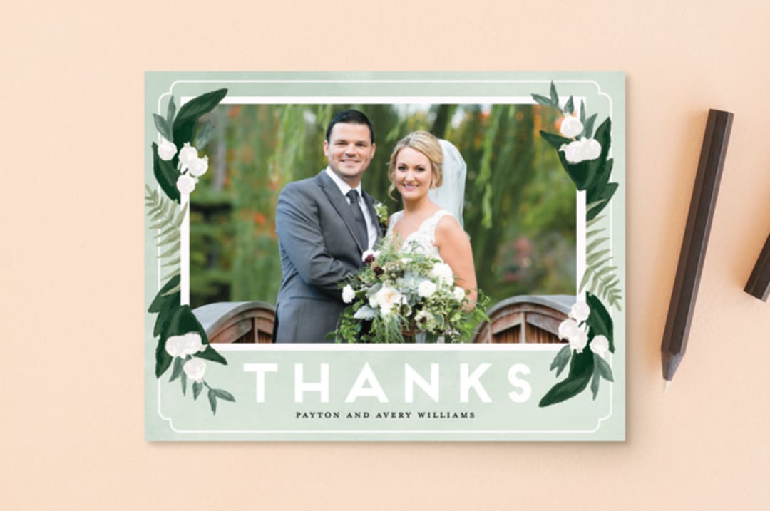 "Botanical Name Plate" - Wedding Thank You Postcards in Sage by Shiny Penny Studio - Front
