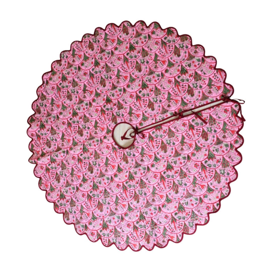 "Scalloped Blockprint Quilted Tree Skirt in Reversible Holiday Arch and Stripes" - Tree Skirts in pink by Michelle Pham
