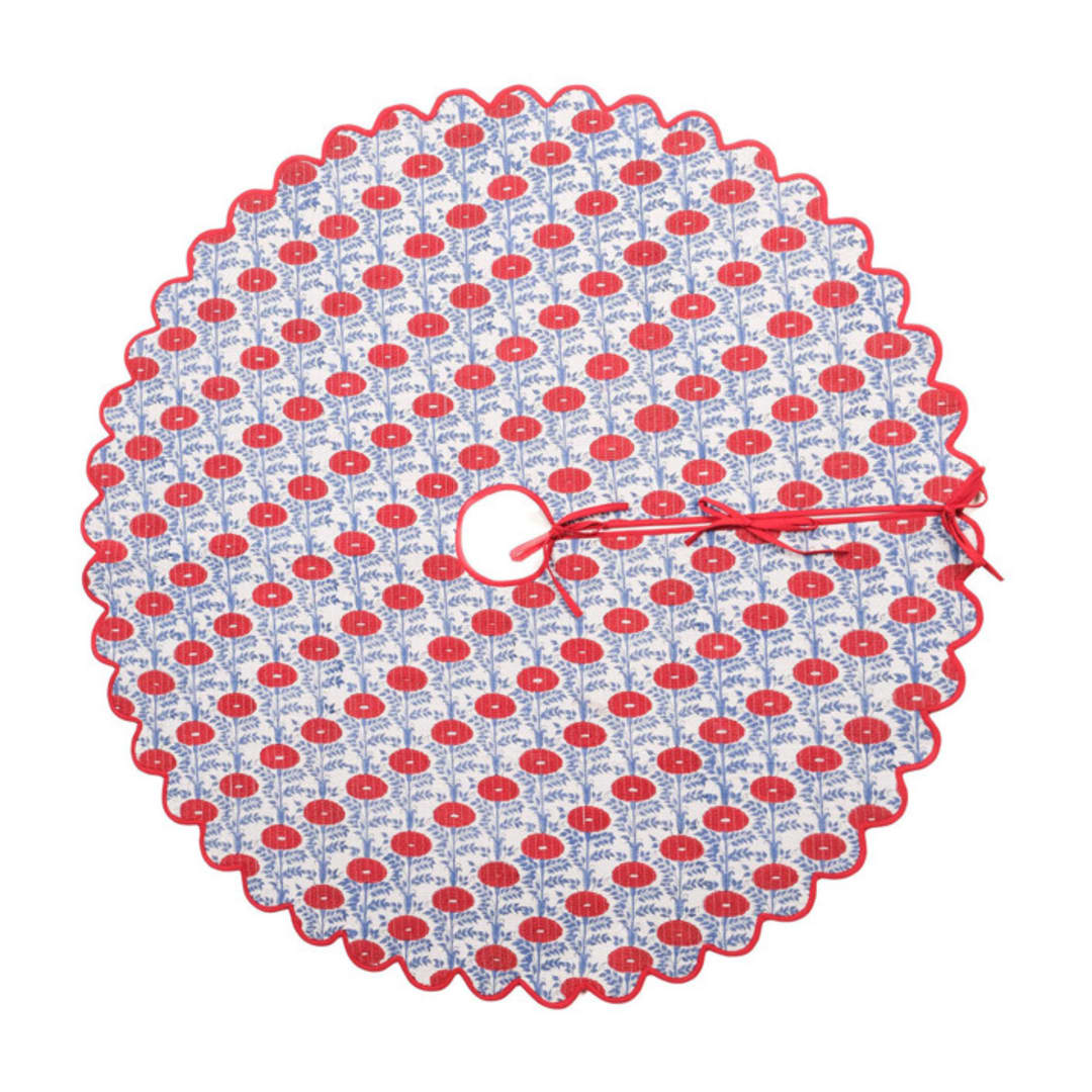 "Scalloped Blockprint Quilted Tree Skirt in Araminta Red" - Tree Skirts in red by Michelle Pham