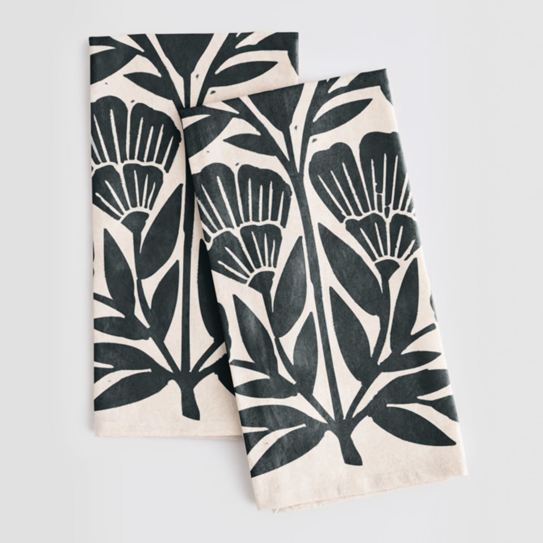 "Block Print Floral" - Tea Towel in Dark Teal by Katharine Watson - Tea Towel Pair