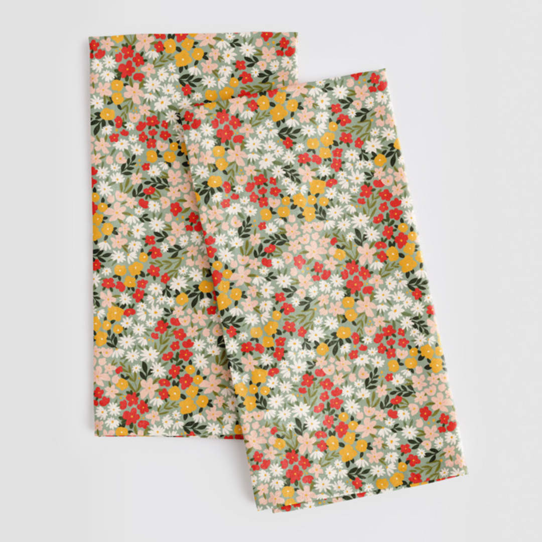 "Field of Florals" - Tea Towel in Scarlet by Kelsey Carlson - Tea Towel Pair
