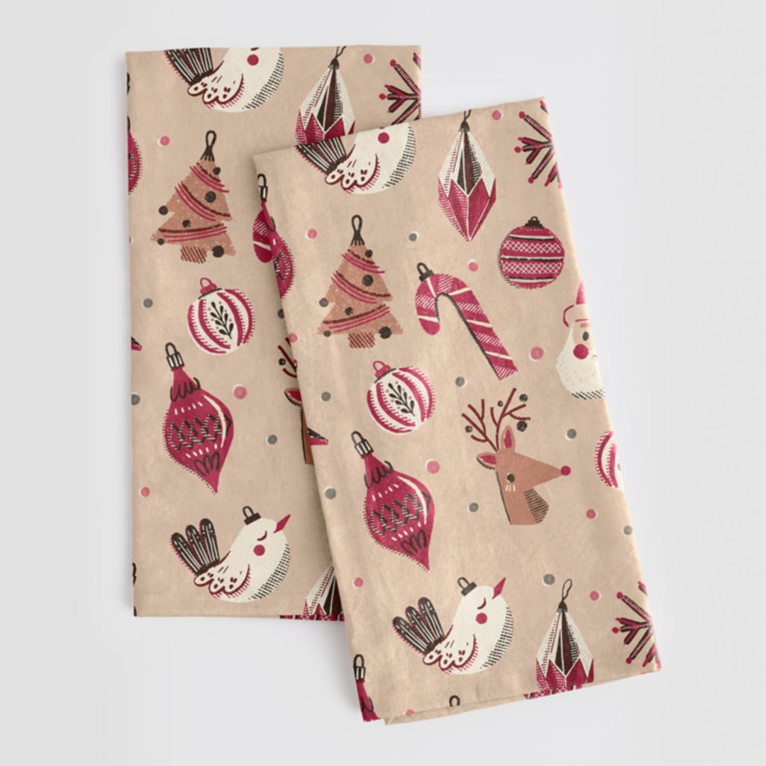 "Retro Ornaments" - Tea Towel in Coral by Vivian Yiwing - Tea Towel Pair