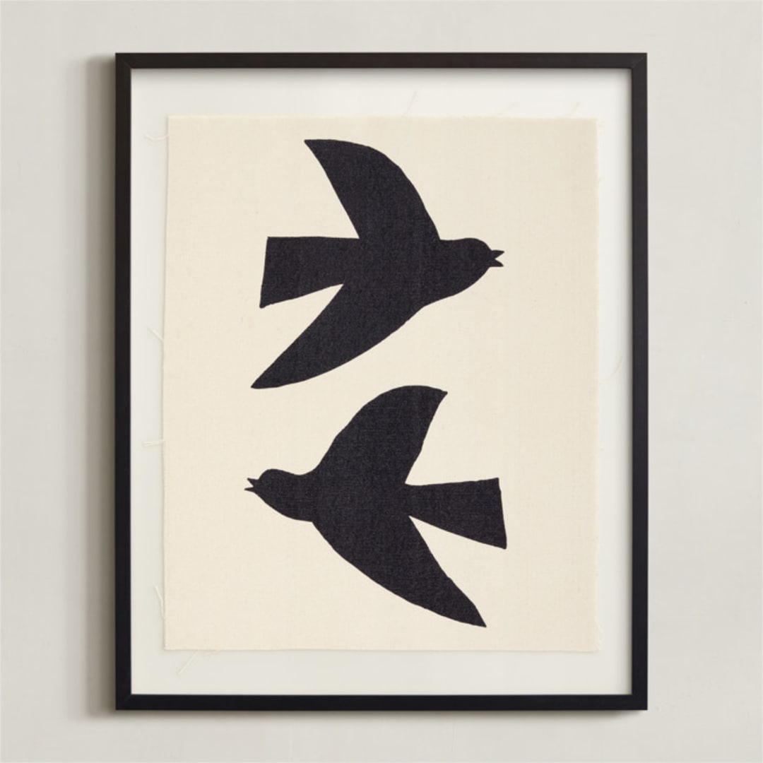 "Birds" - Textile Art Print in Midnight by Alexandra Dzh - Framed