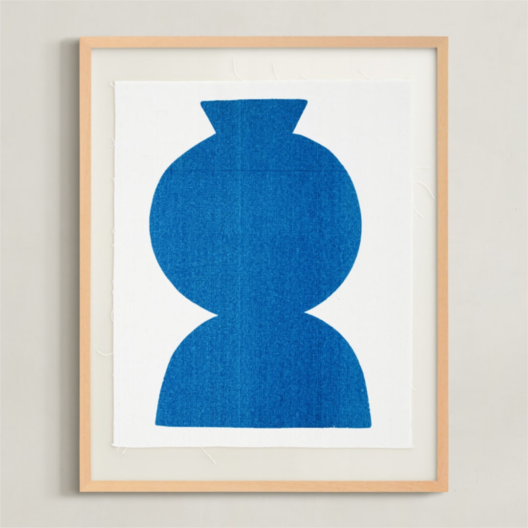 "Ceramic Vase Still Life" - Textile Art Print in Bold Blue by Roseanne Kenny - Framed