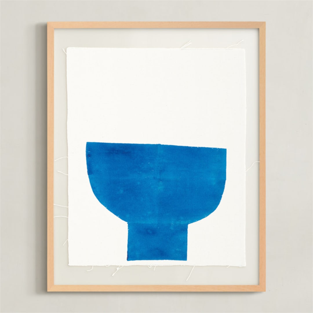 "Ceramic Bowl Still Life" - Textile Art Print in Bold Blue by Roseanne Kenny - Framed