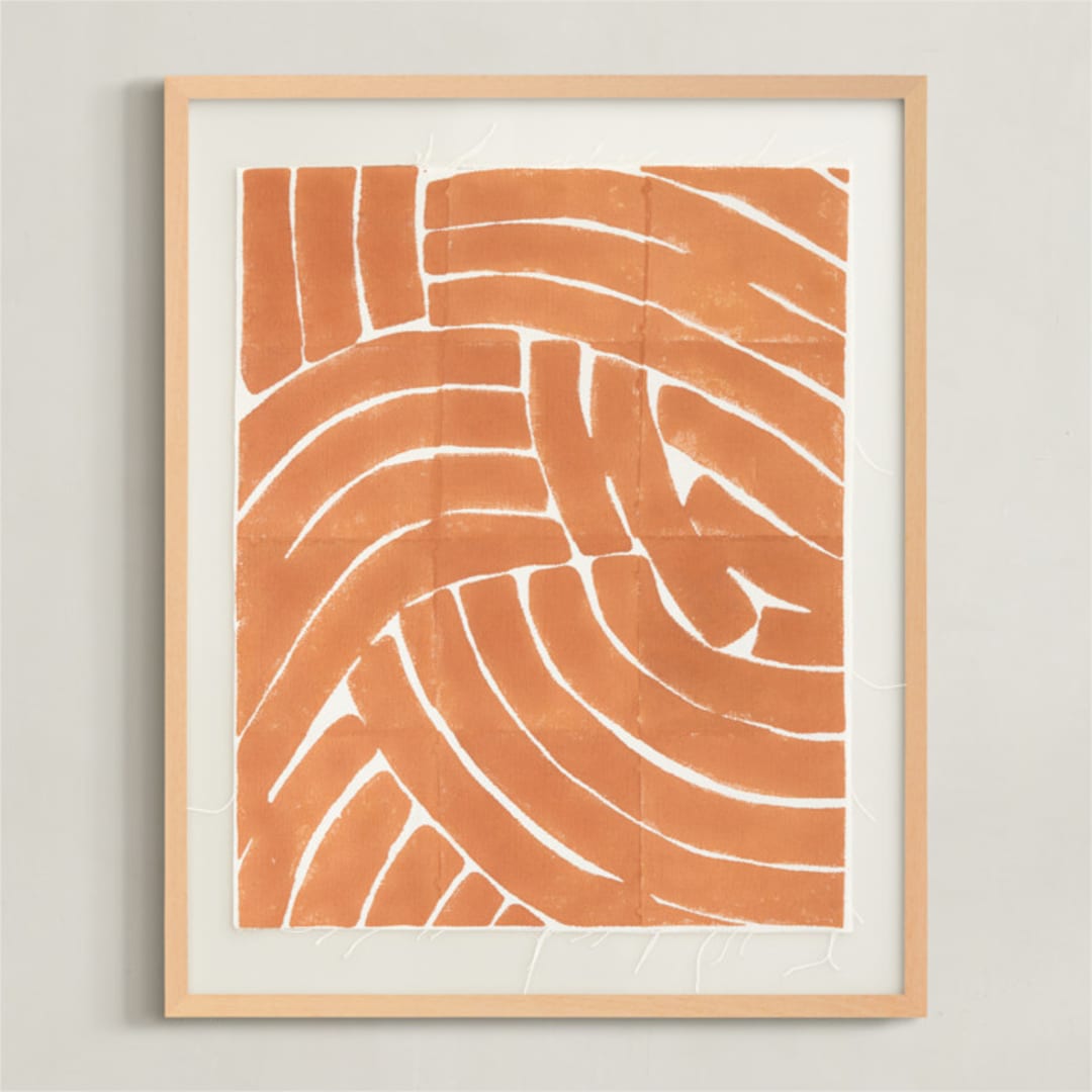 "Curvy lines" - Textile Art Print in Rust Orange by Kristine Sarley - Framed