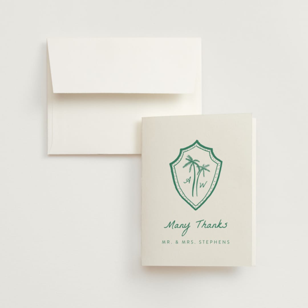 "Palm Tree Crest" - Wedding Thank You Cards in Palm by Erika Firm - Front