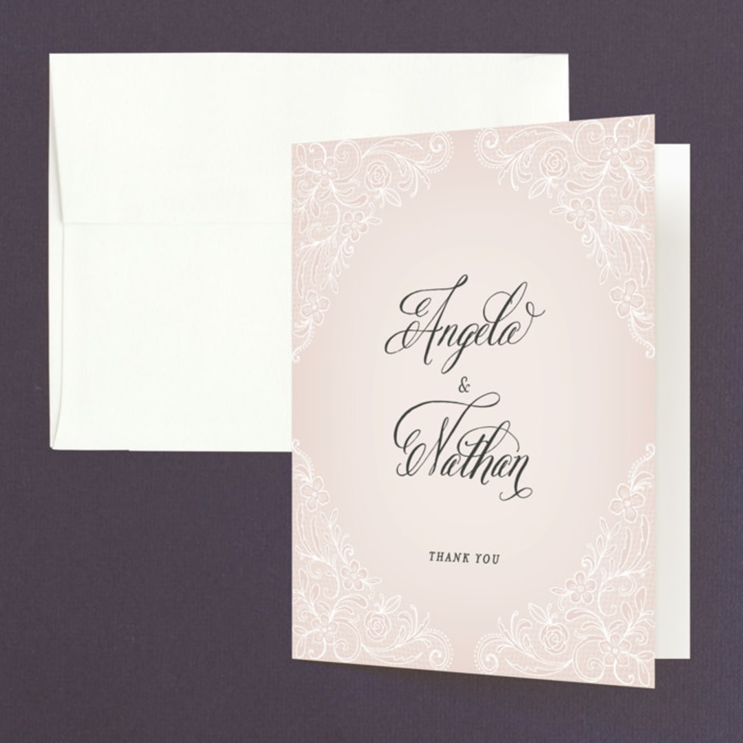 "Elegant Lace" - Wedding Thank You Cards in Blush by Hooray Creative - Front