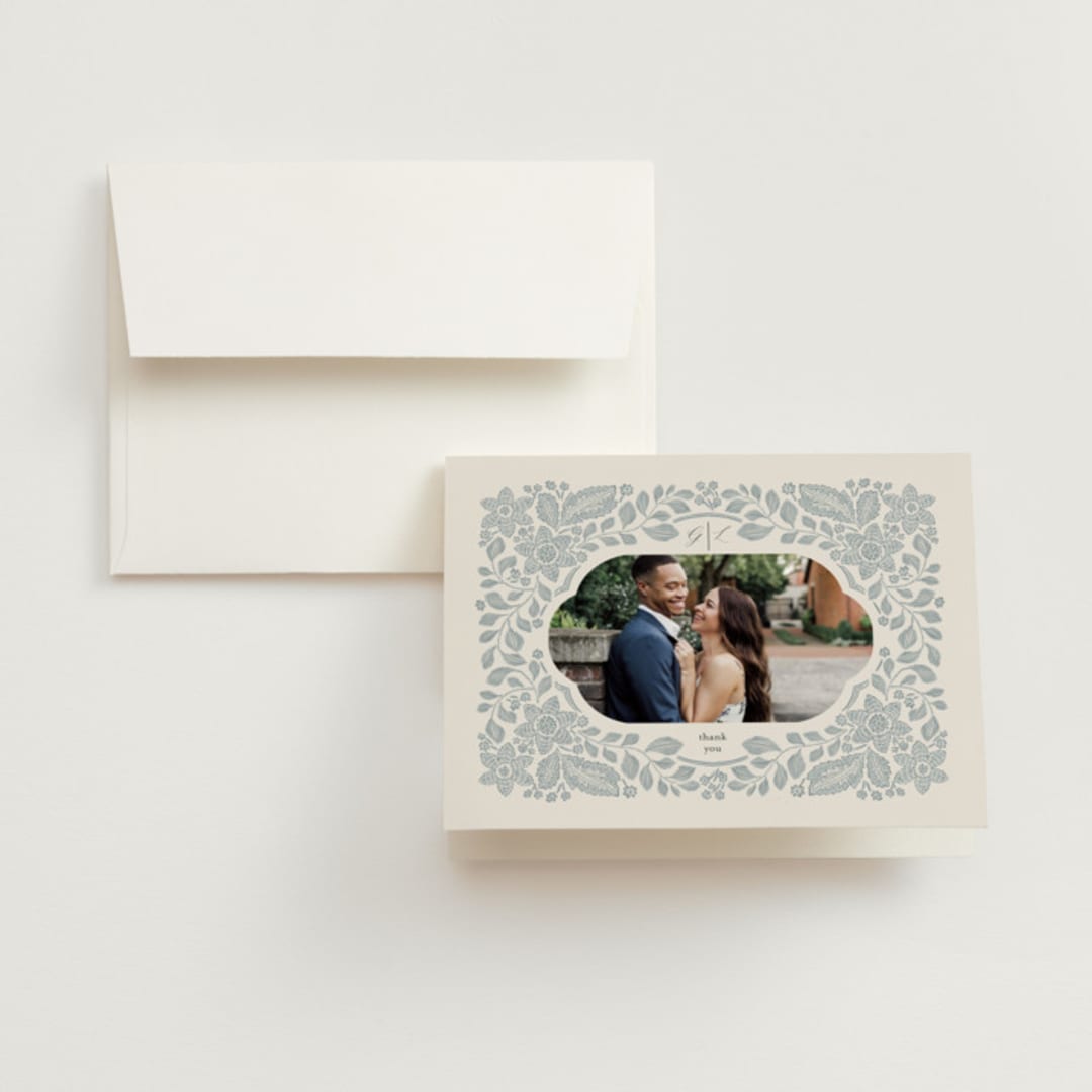 "Embroidered" - Wedding Thank You Cards in Dusty Blue by Jen Owens - Front