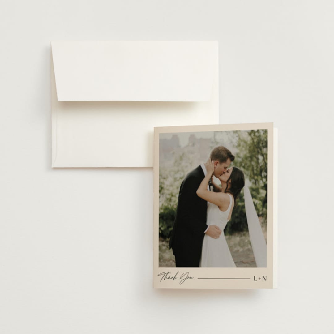 "Modern Aligned" - Wedding Thank You Cards in Creampuff by Carolyn MacLaren - Front