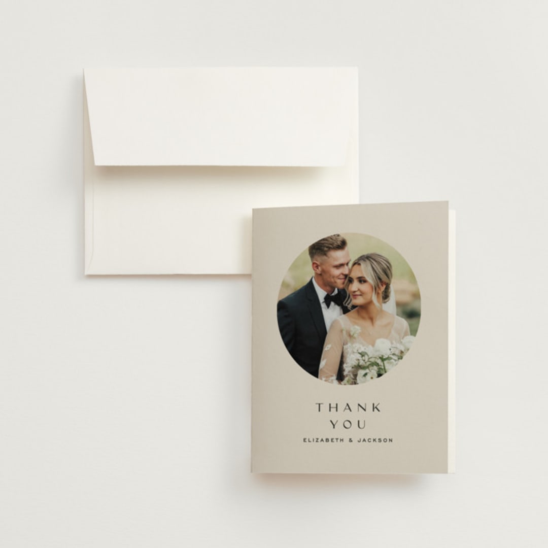 "Wine Label" - Wedding Thank You Cards in Stone by Owl and Toad - Front