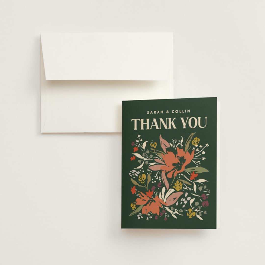 "Bridal Bouquet" - Wedding Thank You Cards in Verde by Kindred Fields - Front