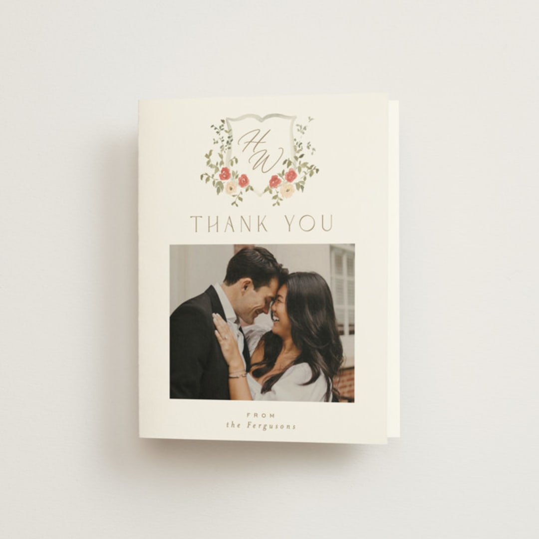 "Roses Crest" - Wedding Thank You Cards in Pomegranate by Everett Paper Goods - Front