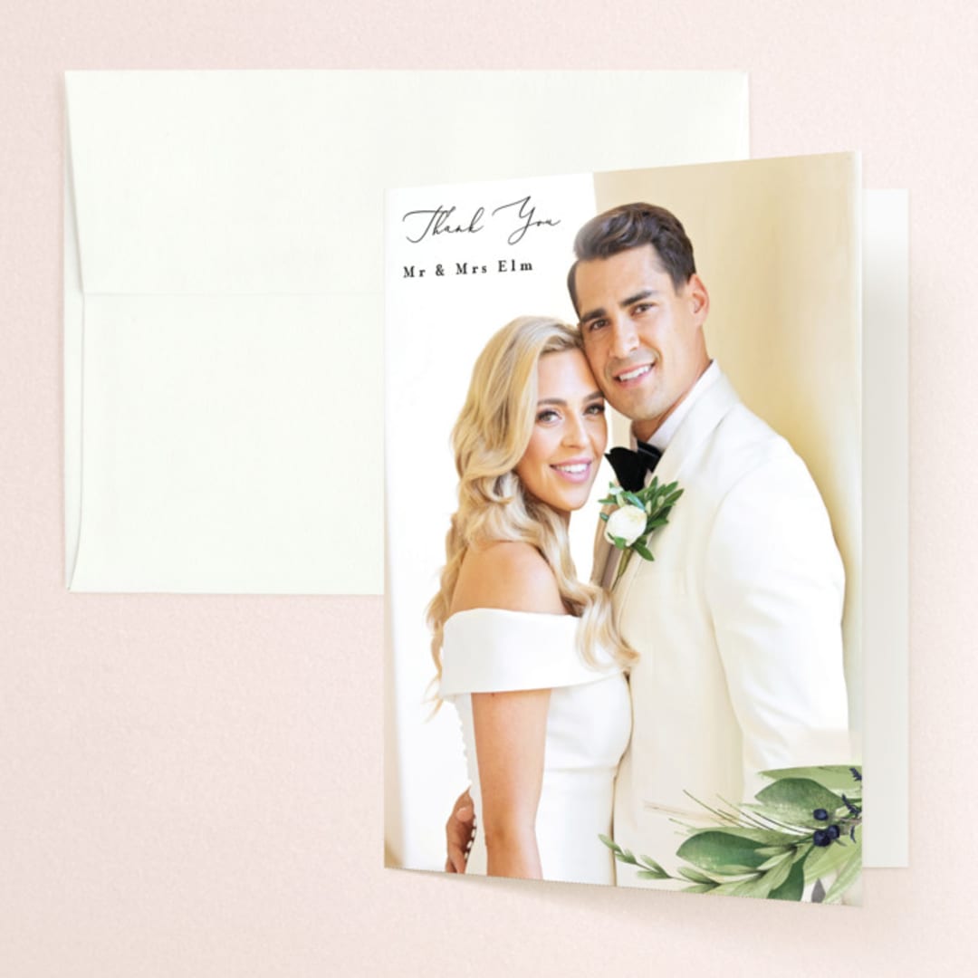 "Greenery Banner" - Wedding Thank You Cards in Navy by Susan Moyal - Front