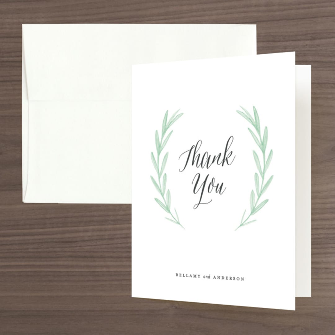 "Painted Leaves" - Wedding Thank You Cards in Evergreen by Olivia Raufman - Front