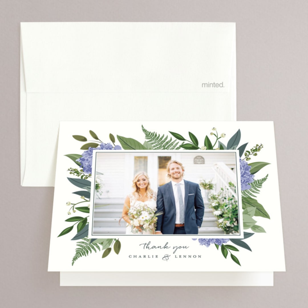 "Hydrangea Frame" - Wedding Thank You Cards in Periwinkle by Susan Moyal - Front