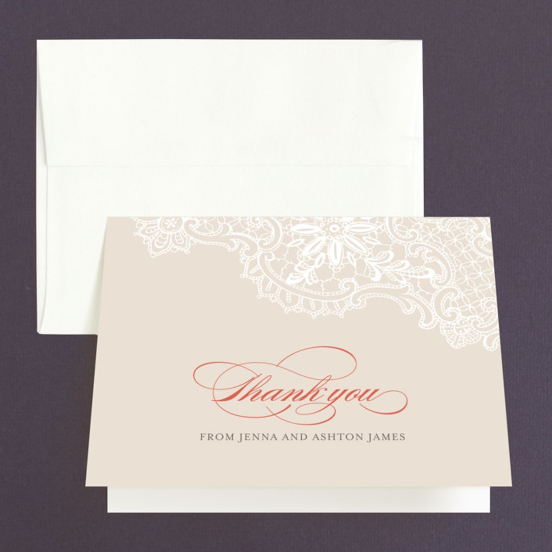 "White Lace" - Wedding Thank You Cards in Coral Rose by Lauren Chism - Front