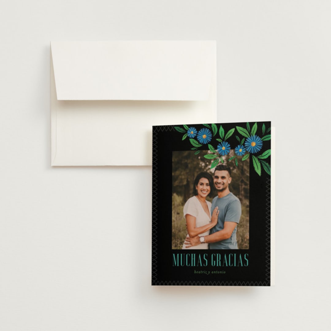 "Embroidery" - Wedding Thank You Cards in Noche by Jackie Crawford - Front