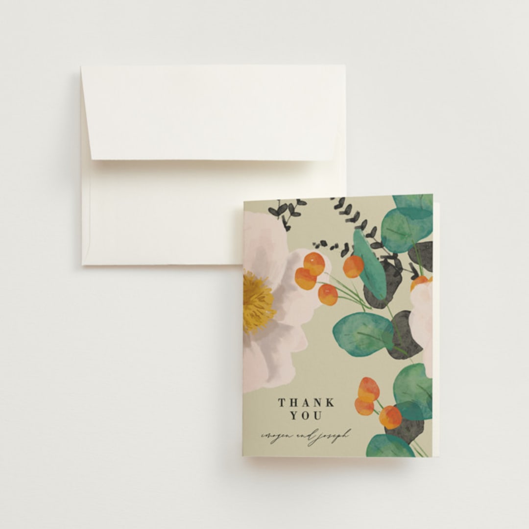 "Floral Splash" - Wedding Thank You Cards in Wheat by Keen Peachy - Front