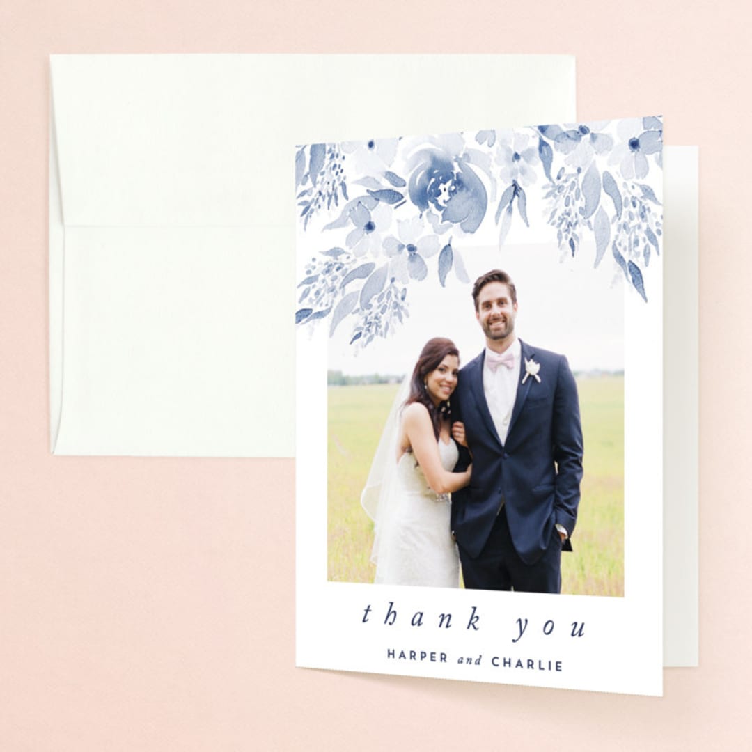 "Poetic Watercolor Flowers" - Wedding Thank You Cards in Periwinkle by Qing Ji - Front