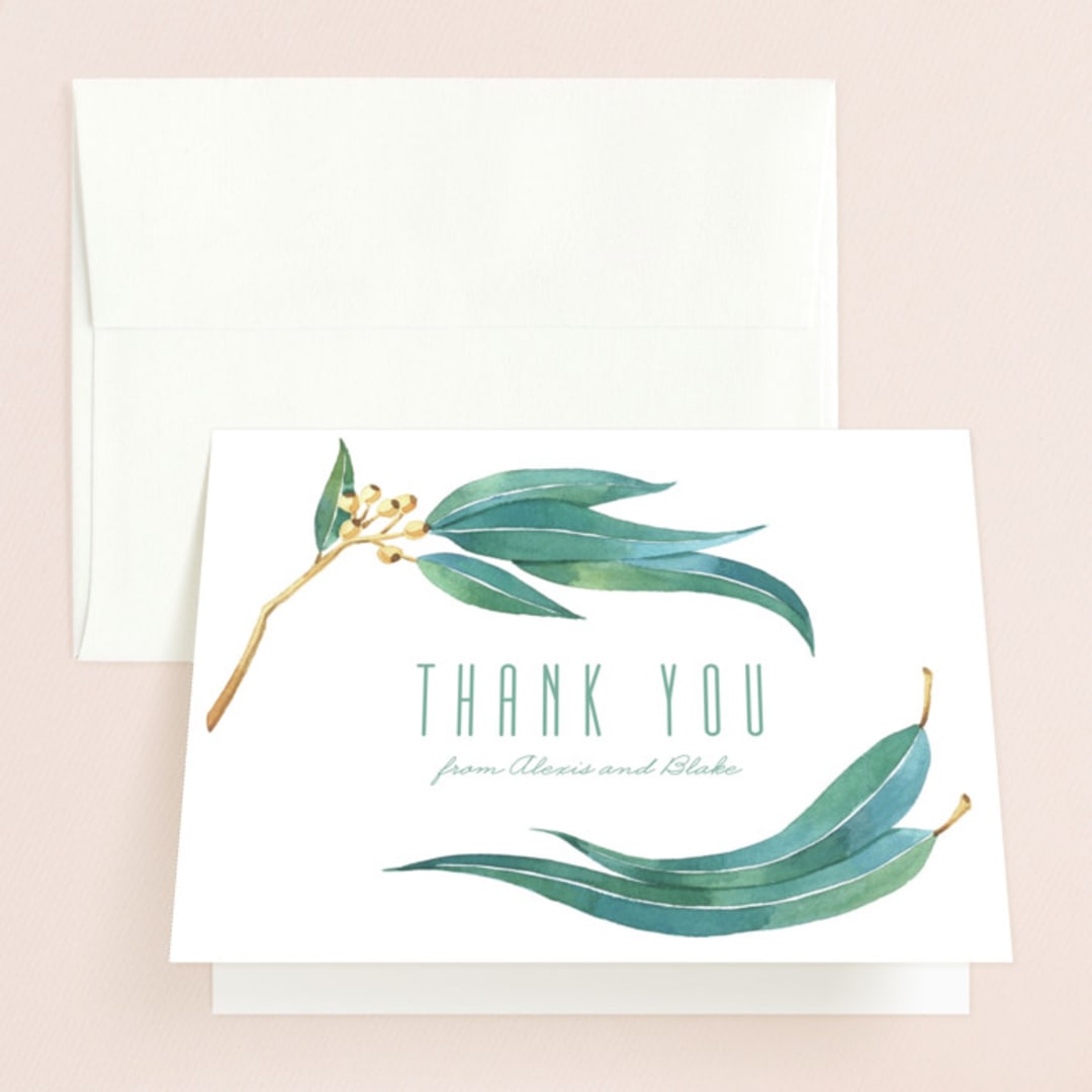 "Eucalyptus Leaves" - Wedding Thank You Cards in Eucalyptus by Shannon Chen of Four Wet Feet Studio - Front
