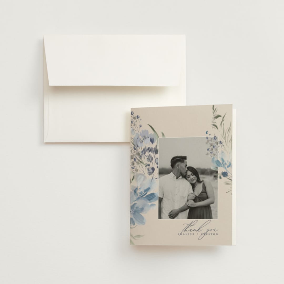 "Wildflower Wreath" - Wedding Thank You Cards in Sky by Grace Kreinbrink - Front