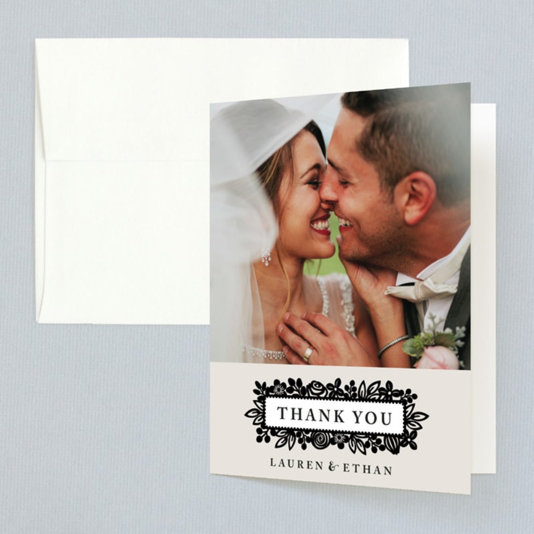 "Modern Floral Frame" - Wedding Thank You Cards in Champagne by Faith Harlow - Front