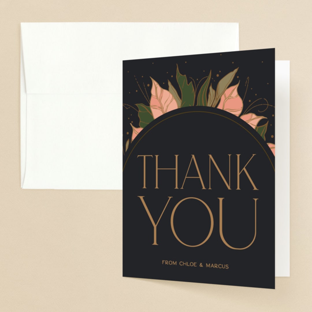 "Elegant Leaves" - Wedding Thank You Cards in Slate by GeekInk Design - Front
