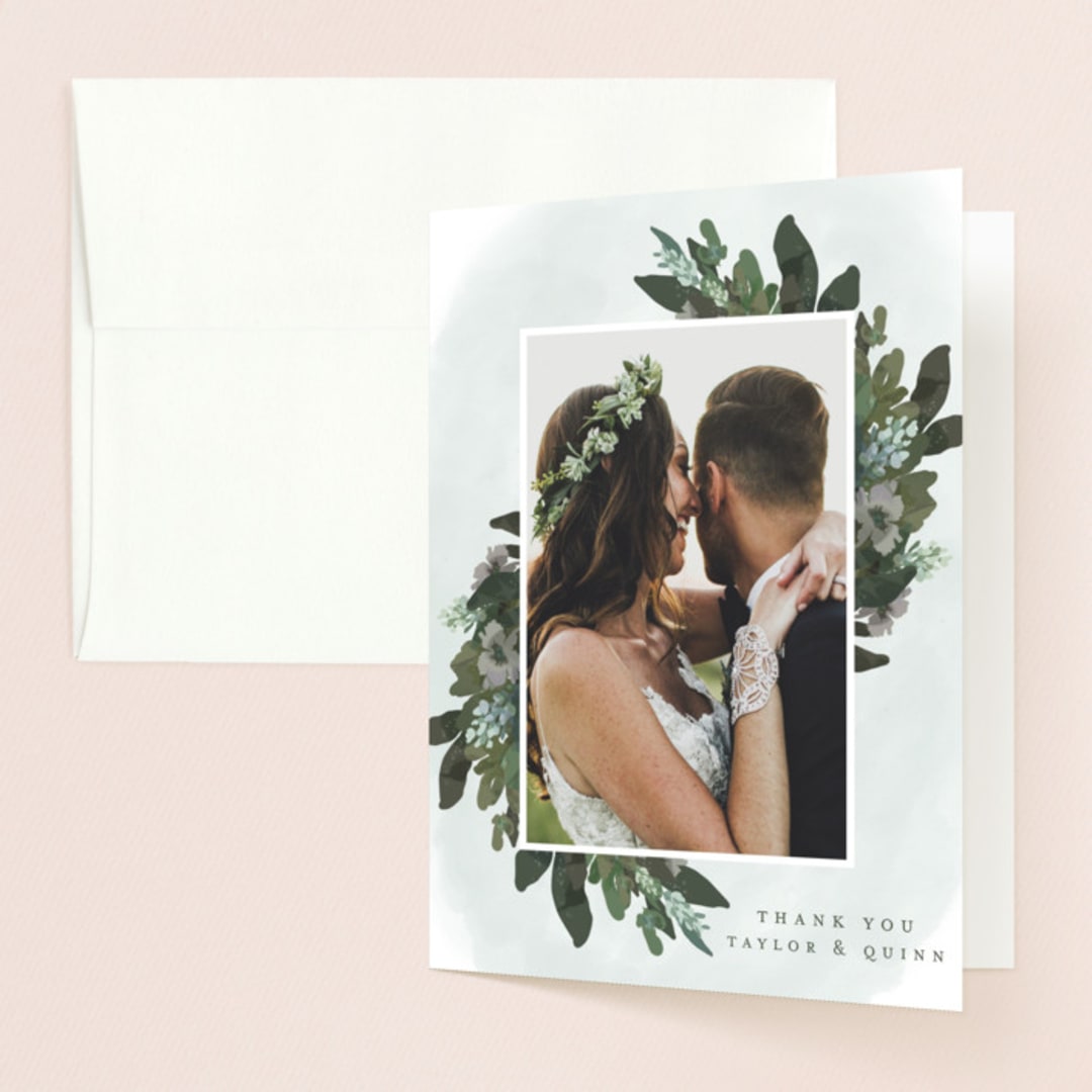 "Foliage Wreath" - Wedding Thank You Cards in Evergreen by Grace Kreinbrink - Front