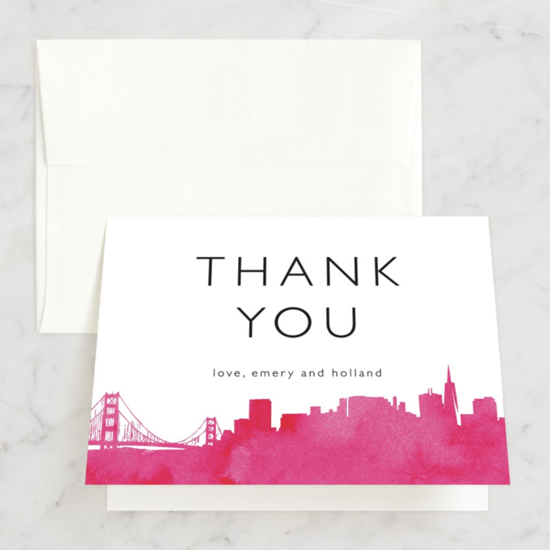"Skyline San Francisco" - Wedding Thank You Cards in Magenta by Laura Condouris - Front