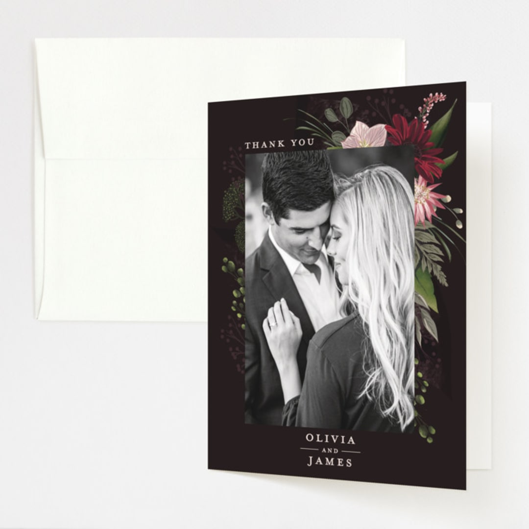 "Midnight Botanicals" - Wedding Thank You Cards in Cranberry by Susan Moyal - Front